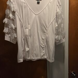 Ashley Stewart White V-Neck Blouse with Leaf Sleeves